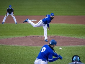 Toronto Blue Jays pitcher Matt Shoemaker delivers a pitch to teammate Danny Jansen during MLB intrasquad baseball action in Toronto on Thursday, July 9, 2020.