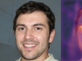 A combination photograph showing an image purporting to be of British student and freelance writer Oliver Taylor (L) and a heat map of the same photograph produced by Tel Aviv-based deepfake detection company Cyabra is seen in this undated handout photo obtained by Reuters. The heat map, which was produced using one of Cyabra's algorithms, highlights areas of suspected computer manipulation. The digital inconsistencies were one of several indicators used by experts to determine that Taylor was an online mirage.