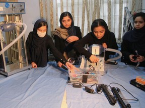 Members of an Afghan all-female robotics team work on an open-source and low-cost ventilator, during the coronavirus disease (COVID-19) outbreak in Herat Province, Afghanistan April 15, 2020. Picture taken April 15, 2020.
