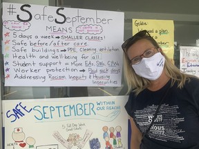 Janice Smith, a Ottawa high school teacher, at a protest June 29 at MPP Goldie Ghamari's office organized by groups pressuring the Ontario government to provide more funding to help ensure schools reopen safely.