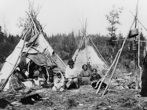 An Indigenous family camp at Dog's Head, Lake Winnipeg, Man., circa 1884.