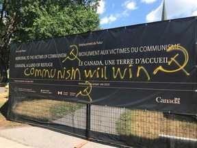 Vandals spraypainted 'Communism will win' on the entrance to a memorial commemorating the victims of Communism in Ottawa.