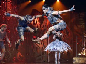 Acrobats bounce on trampolines during Cirque du Soleil preview of their revival of their classic show Alegria in Montreal last year.