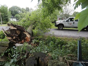 A fallen tree that toppled electricity lines blocks Johnson Street following a short but violent wind storm in Camden East on Sunday afternoon, Aug. 2, 2020.