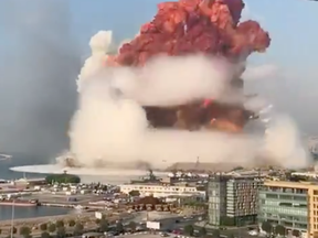 The huge explosion hit the port of Beirut Tuesay is captured on video.