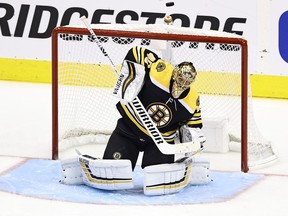 Tuukka Rask of the Boston Bruins stops a shot against the Carolina Hurricanes during the first period in Game Two of the Eastern Conference First Round during the 2020 NHL Stanley Cup Playoffs at Scotiabank Arena on August 13, 2020 in Toronto, Ontario.