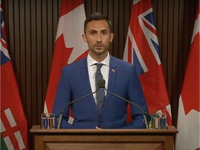 Ontario Education Minister Stephen Lecce makes an announcement at Queen's Park.