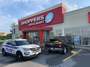 Scene in front of Shoppers in the 3700 block of Strandherd in Barrhaven Monday, August 24, 2020.