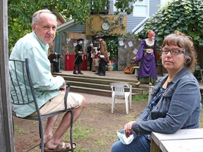 Director Cynthia Sugars (R) and Paul Keen were mounting a student Shakespeare production that has been shut down by city bylaw officers, who say the backyard at 57 Glen Avenue in Ottawa is not zoned for theatre productions and instead, need to move the production to the park.