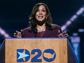 Senator from California and Democratic vice-presidential nominee Kamala Harris speaks during the third day of the Democratic National Convention, being held virtually amid the novel coronavirus pandemic, at the Chase Center in Wilmington, Del., on Wednesday.