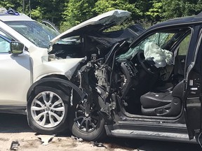 Three people suffered critical injuries in a two-car crash Friday on Terry Fox west of Old Second Line.