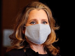 Finance Minister Chrystia Freeland listens to a reporter's question on Parliament Hill in Ottawa, Ontario, Canada August 18, 2020.