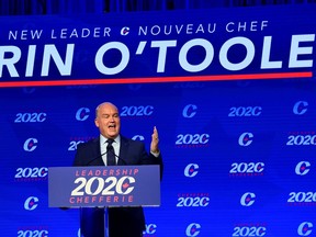 Conservative Party of Canada Leader Erin O'Toole speaks after his win at the 2020 Leadership Election, in Ottawa, Ontario, Canada August 24, 2020.