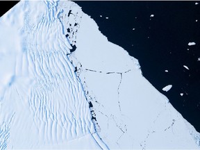 Files: The edge of an ice shelf with fractures and rifts, sea ice and icebergs floating on the ocean are seen in this satellite image taken January 17, 2014.