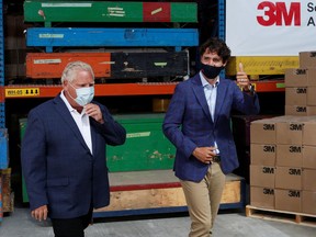 Canada's Prime Minister Justin Trudeau and Ontario Premier Doug Ford leaves after announcing that the 3M plant will be making N95 masks at the 3M's plant in Brockville, Ontario, Canada August 21, 2020.