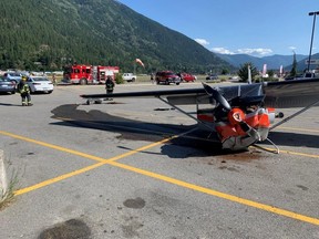 Two people were injured after a plane crashed and ended up in a grocery store parking lot in Nelson, B.C. on Monday.