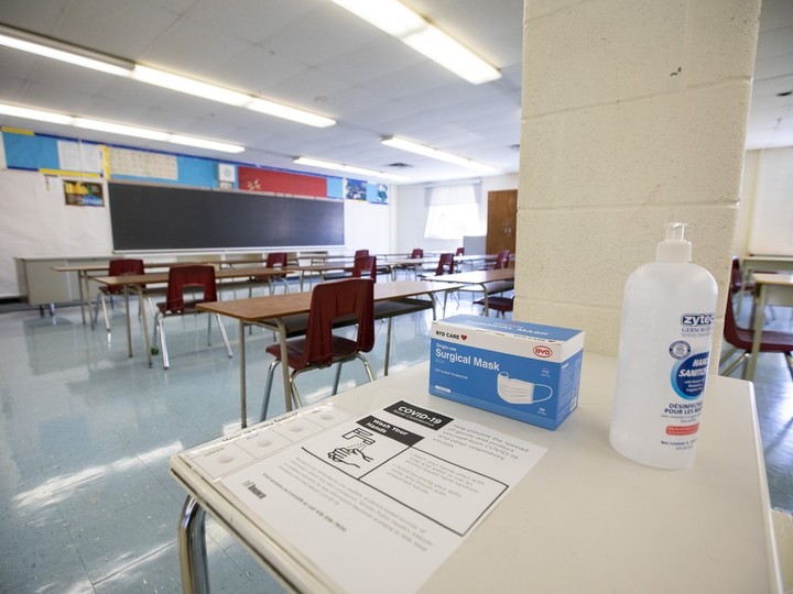  CP-Web. A physically distanced classroom with masks and hand sanitizer is seen at Kensington Community School amidst the COVID-19 pandemic on Tuesday, September 1, 2020. THE CANADIAN PRESS/Carlos Osorio ORG XMIT: COS113