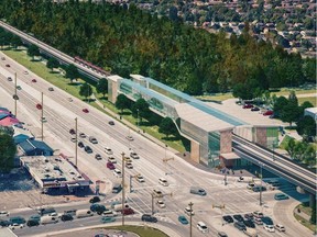 The city says its preferred alternative to run LRT south of Algonquin College is to use an elevated guideway. This rendering, looking southwest, shows what a Tallwood Station would look like on an elevated rail line along the west side of Woodroffe Avenue.