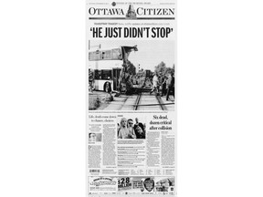 The Ottawa Citizen's front page from Sept. 19, 2013, the day after an OC Transpo bus and a Via Rail train collided in the city's west end, killing six people.