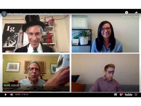 Miranda Giacomin, top right, and co-researcher Nicholas O. Rule, bottom right with his eyebrows covered, receive their Ig Nobel Prize from 2007 e conomics Nobel laureate, Eric Maskin, lower left. At top left is Ig Nobel founder and ceremony emcee Marc Abrahams. Giacomin and Maskin's research involved identifying narcissists by their eyebrows.