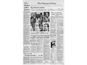 On Oct. 16, 1970, following the kidnappings of British diplomat James Cross and Quebec MLA Pierre Laporte, the federal government, under prime minister Pierre Trudeau, invoked the War Measures Act. The Citizen's front page reported on the roundup up hundreds of people, without bail hearings or formal charges.