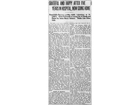 A front-page story in the Citizen from Oct. 7, 1920, told of how Miss Edith Lafontaine, for more than five years paralyzed from the waist down and unable to walk, was healed following a laying on of hands by Church of England faith healer James Moore Hickson.