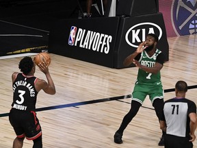 OG Anunoby of the Raptors lines up what would turn out to the winning basket late in the fourth quarter of Thursday's game against the Celtics.