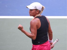 Yulia Putintseva of Kazakhstan celebrates winning the first set during her Women's Singles fourth round match against Petra Martic of Croatia on Day Seven of the 2020 US Open at the USTA Billie Jean King National Tennis Center on Sunday in the Queens borough of New York City.