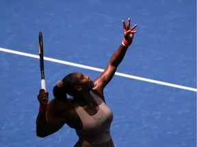 Serena Williams of the United States serves the ball during her Women's Singles fourth round match against Maria Sakkari of Greece on Day Eight of the 2020 US Open at the USTA Billie Jean King National Tennis Center on Monday in the Queens borough of New York City.