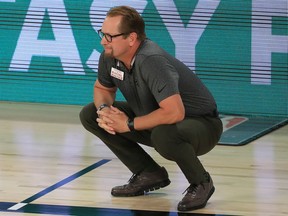 Nick Nurse watches the on-court action from the sidelines during Game 6 of the Raptors' playoff series against the Celtics in Orlando on Sept. 9.