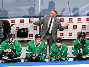 EDMONTON, ALBERTA - SEPTEMBER 12:  Head coach Rick Bowness of the Dallas Stars reacts during the third period against the Vegas Golden Knights in Game Four of the Western Conference Final during the 2020 NHL Stanley Cup Playoffs at Rogers Place on September 12, 2020 in Edmonton, Alberta, Canada.