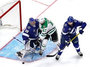 Luke Schenn, right, in action with the Tampa Bay Lightning during the Stanley Cup final against the Dallas Stars.