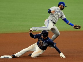 Willy Adames of the Tampa Bay Rays steals second base before the throw reaches Toronto Blue Jays second baseman Jonathan Villar in the fourth inning of Tuesday's game in St Petersburg.