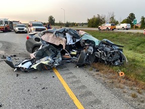 A car involved in a crash with an 18-wheeler Tuesday morning. The driver suffered 'traumatic' head and chest injuries.