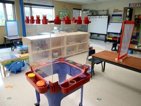 The kindergarten room at École Maurice-Lapointe. Teachers and staff were putting the finishing touches on COVID-19 safety precautions for the class.