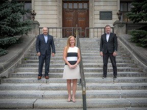 While COVID-19 has put events of this nature on hold, the need to raise crucial funds for research and patient care not only continues, it is amplified by the pandemic. From left: Tim Kluke, president and CEO of The Ottawa Hospital Foundation, along with President's Breakfast co-chairs Janet McKeage and Cyril Leeder outside TOH's Civic campus.