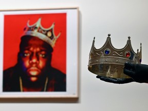 The crown worn by Notorious B.I.G. when photographed as the King of New York, is displayed during a press preview at Sotheby's for their Inaugural HIP HOP Auction