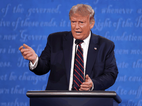 U.S. President Donald Trump speaks during the first presidential debate against Democratic presidential nominee Joe Biden on September 29, 2020.