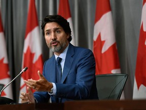 Prime Minister Justin Trudeau speaks during a news conference on Parliament Hill on Sept. 25, 2020. A public global credit agency has issued a warning about "the deterioration of Canada’s public finances."