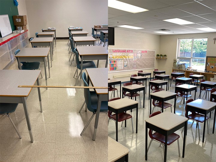  Photos posted on social media by Ontario elementary teachers: On left, it’s one metre from desk to desk. On right, a room with 24 students the teacher described as “packed in like sardines.”.