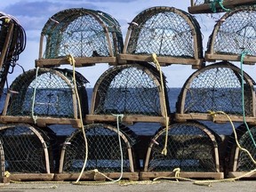 Lobster traps on a wharf.