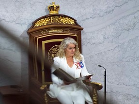 Canada's Governor General Julie Payette delivers the throne speech in the Senate, as parliament prepares to resume in Ottawa on Sept. 23, 2020.