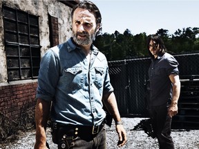 Andrew Lincoln as Rick Grimes (left) and Norman Reedus as Daryl Dixon from the The Walking Dead, Season 8.