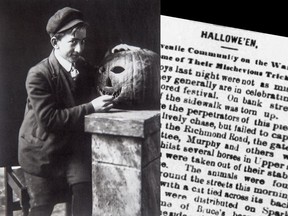 The Citizen's front-page story from Nov. 1, 1877 described some of the antics that took place on Halloween that year. At left, an unidentified boy from the late 1920s with a jack-o-lantern.