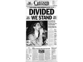 On Oct. 30, 1995, Quebec voters decided by a razor-thin margin to stay in Canada. The Citizen's front page the following day illustrated the tension that permeated the referendum.
