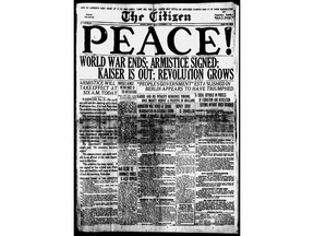 The Citizen's front page on Nov. 11, 1918, after the armistice ending the First World War was signed.