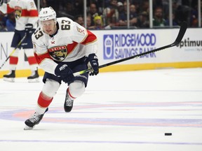 Evgenii Dadonov #63 playing for the Florida Panthers against the New York Islanders in October 2019.