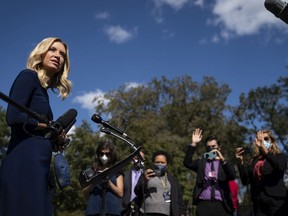 White House Press Secretary Kayleigh McEnany talks to reporters outside the West Wing of the White House on October 2, 2020 in Washington, DC. President Donald Trump and First Lady Melania Trump have both tested positive for coronavirus.