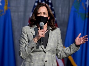 Files: Democratic U.S. Vice Presidential nominee Sen. Kamala Harris (D-CA) speaks during a voter mobilization drive-in event at UNLV on October 2, 2020 in Las Vegas, Nevada.