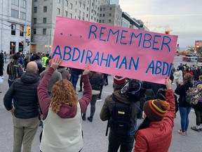 Supporters of Abdirahman Abdi took to the streets at Elgin and Laurier on Tuesday after the verdict that cleared a police officer in his death four years ago.